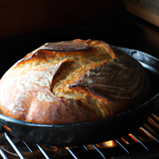 Freshly baked bread with a golden crust, made in a Dutch oven.