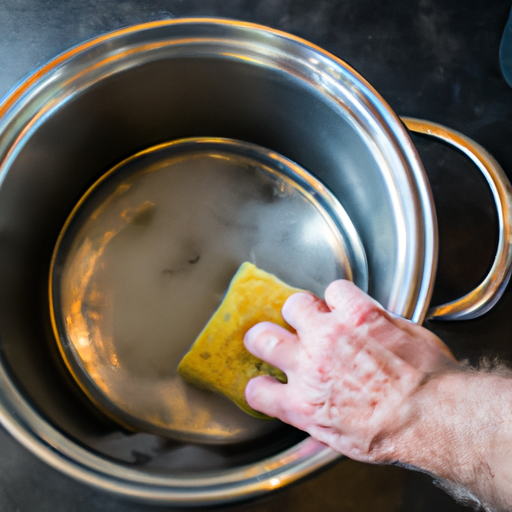 A person cleaning a high end stainless steel pot with a soft sponge.